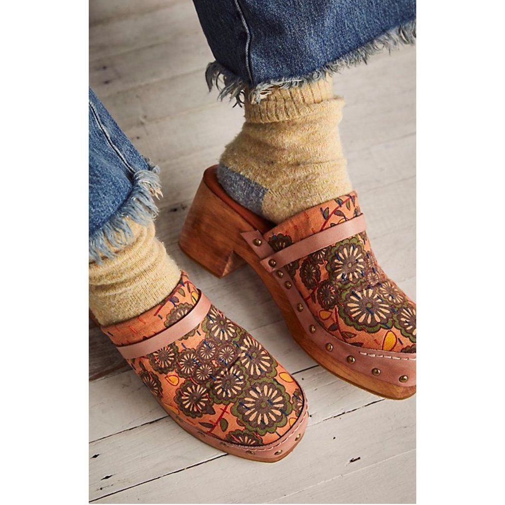 Free People Floral Leather Clogs in Tan, Brown & Orange